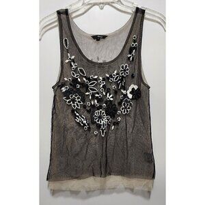 ZINC Black & Cream Mesh Tank Top Size S With Floral Bead Design On Front & Back